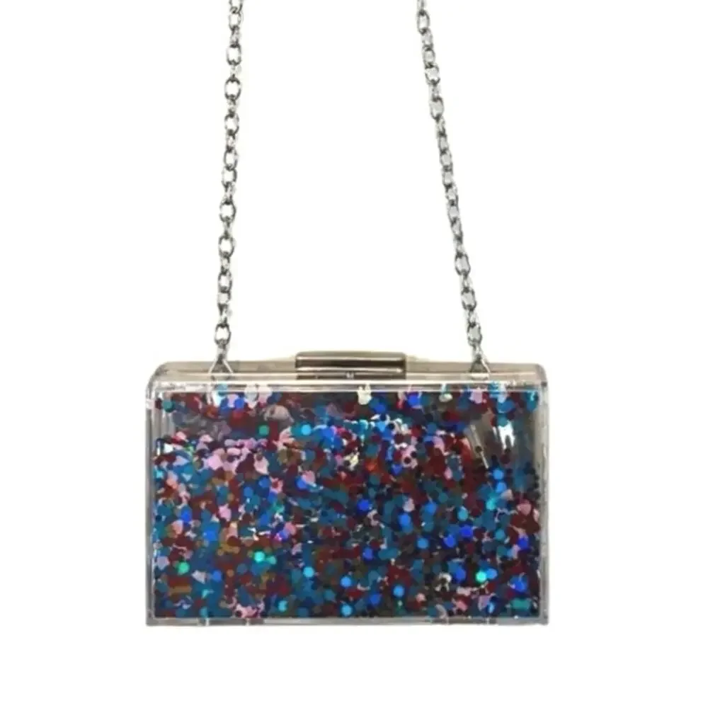 Acrylic Confetti Glitter Hard Clutch Purse Handbag chain strap clear rainbow y2k - Picture 3 of 14